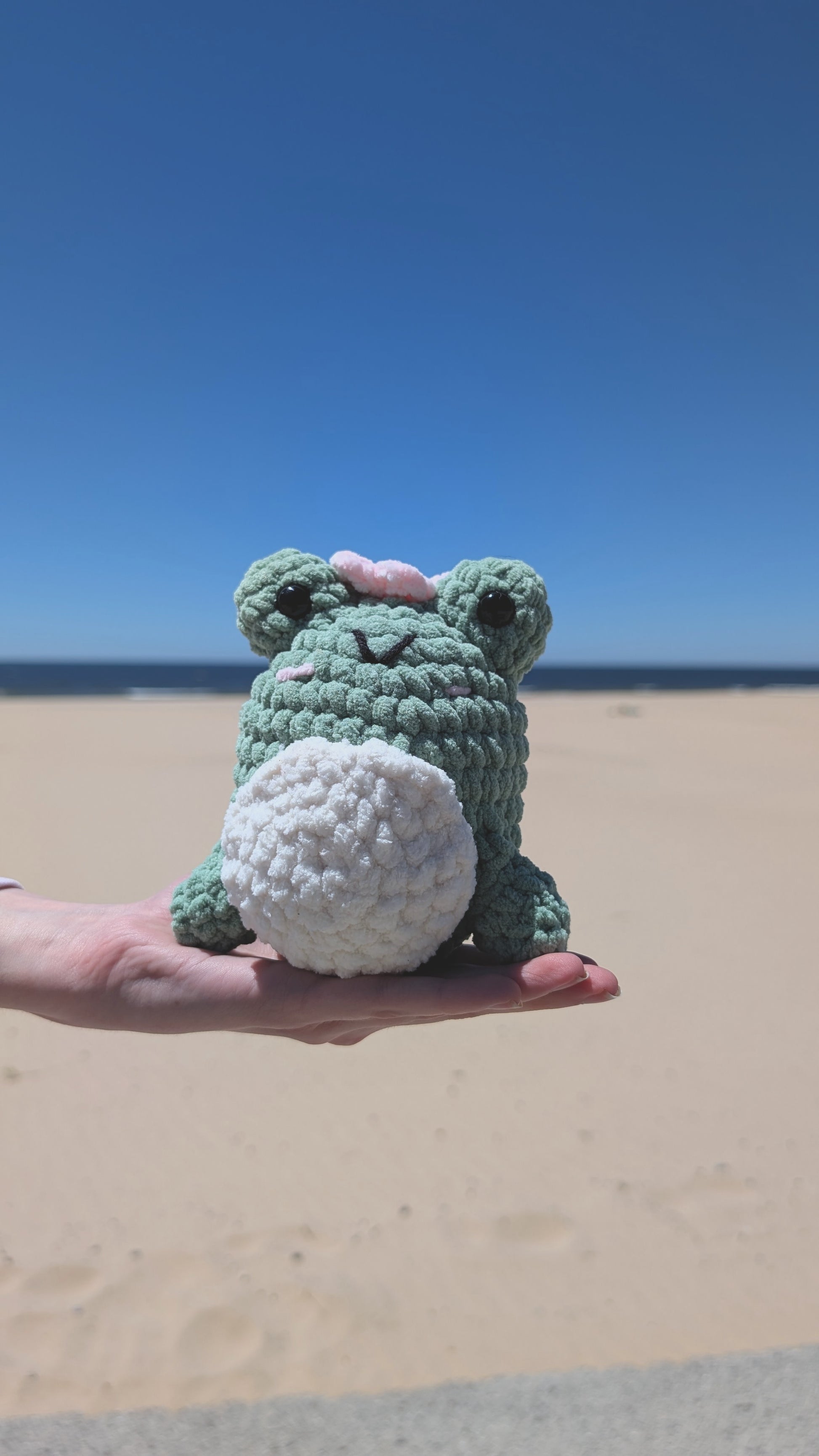 Crocheted frog toy held by a hand on a sandy beach with clear blue sky.