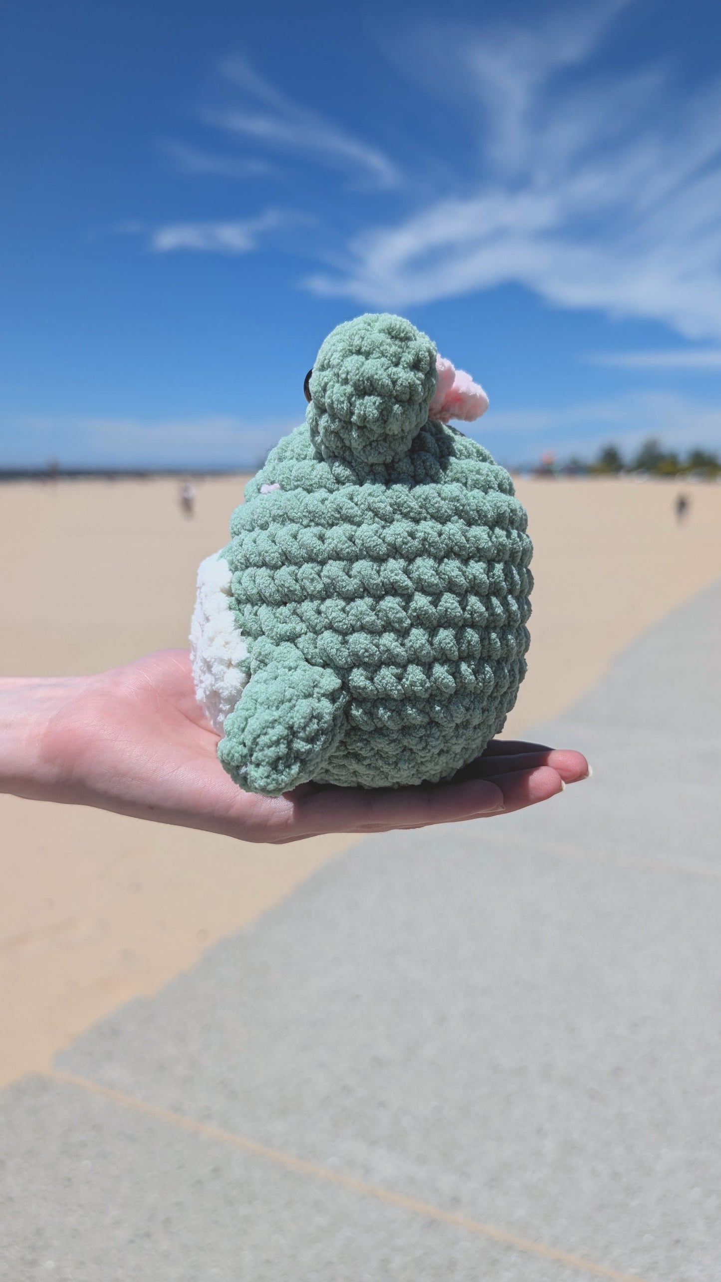 Crocheted green frog held in a hand with a beach in the background