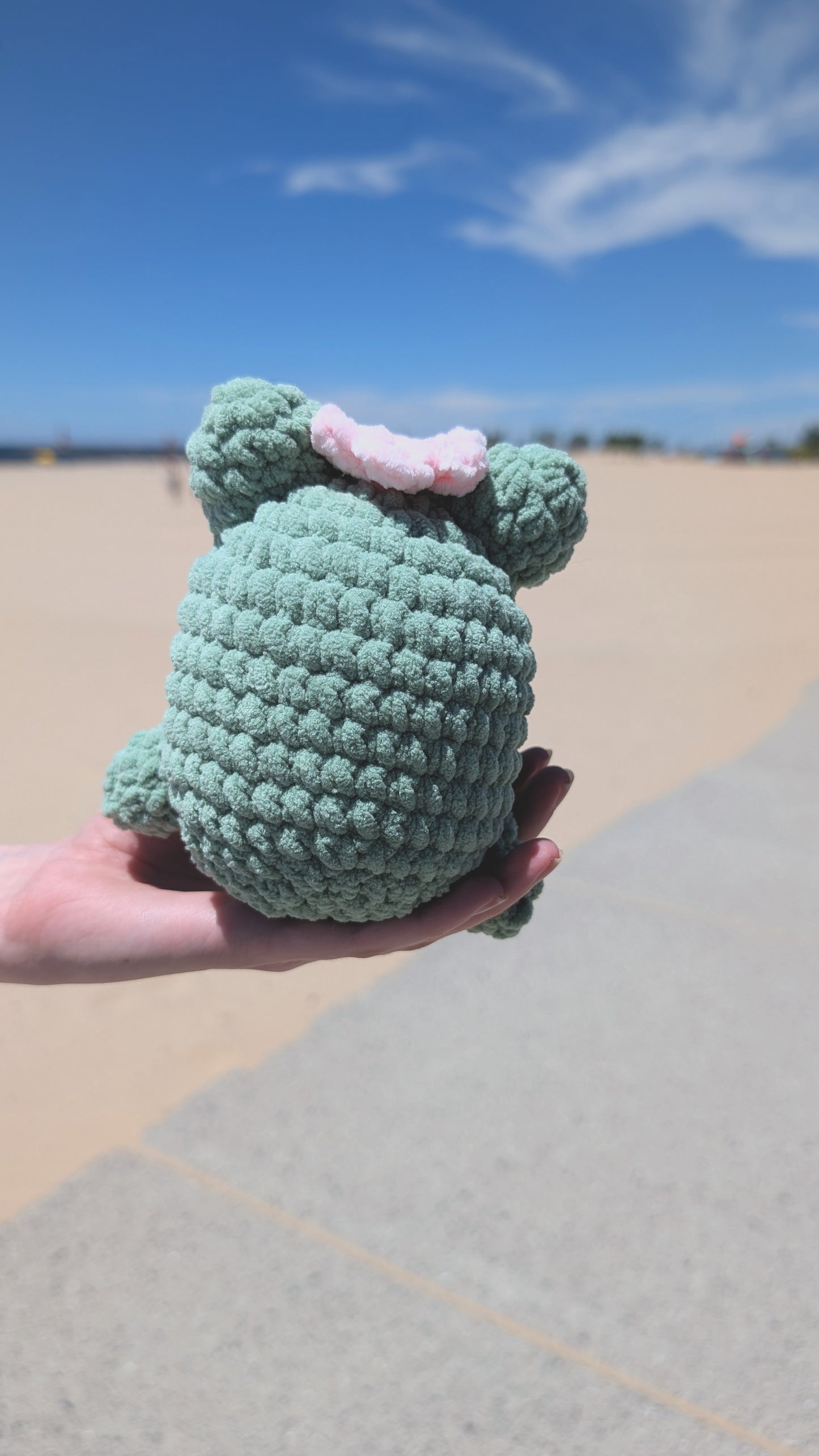 Green crochet frog toy held by a person with a beach in the background