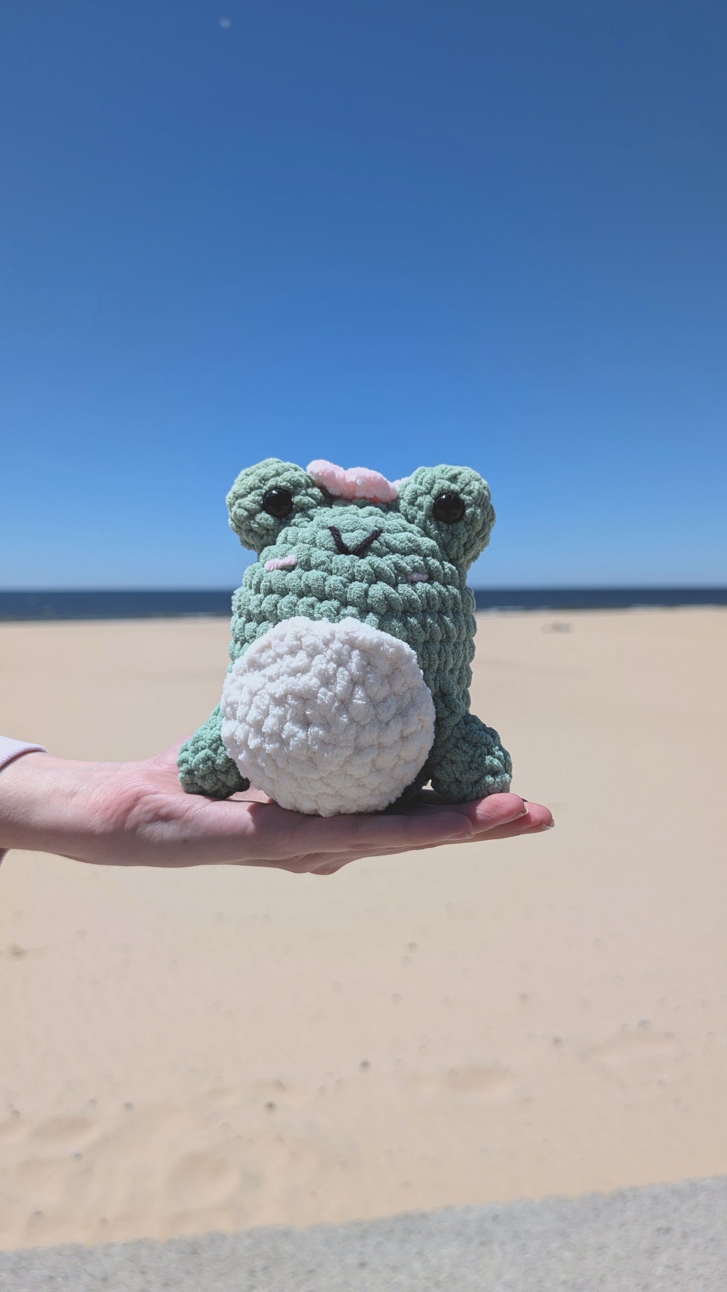 Crocheted frog toy held in a hand on a beach with clear blue sky